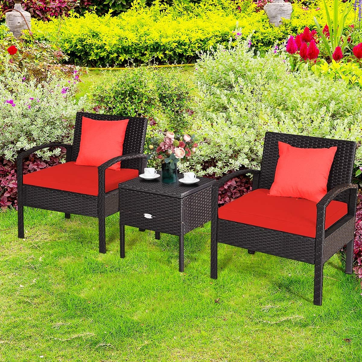 HAPPYGRILL 3 Piece Patio Conversation Set Rattan Wicker Sofa Set with Removable Cushions and Coffee Table, Outdoor Furniture Bistro Chairs Set with Storage Table for Garden Poolside Balcony