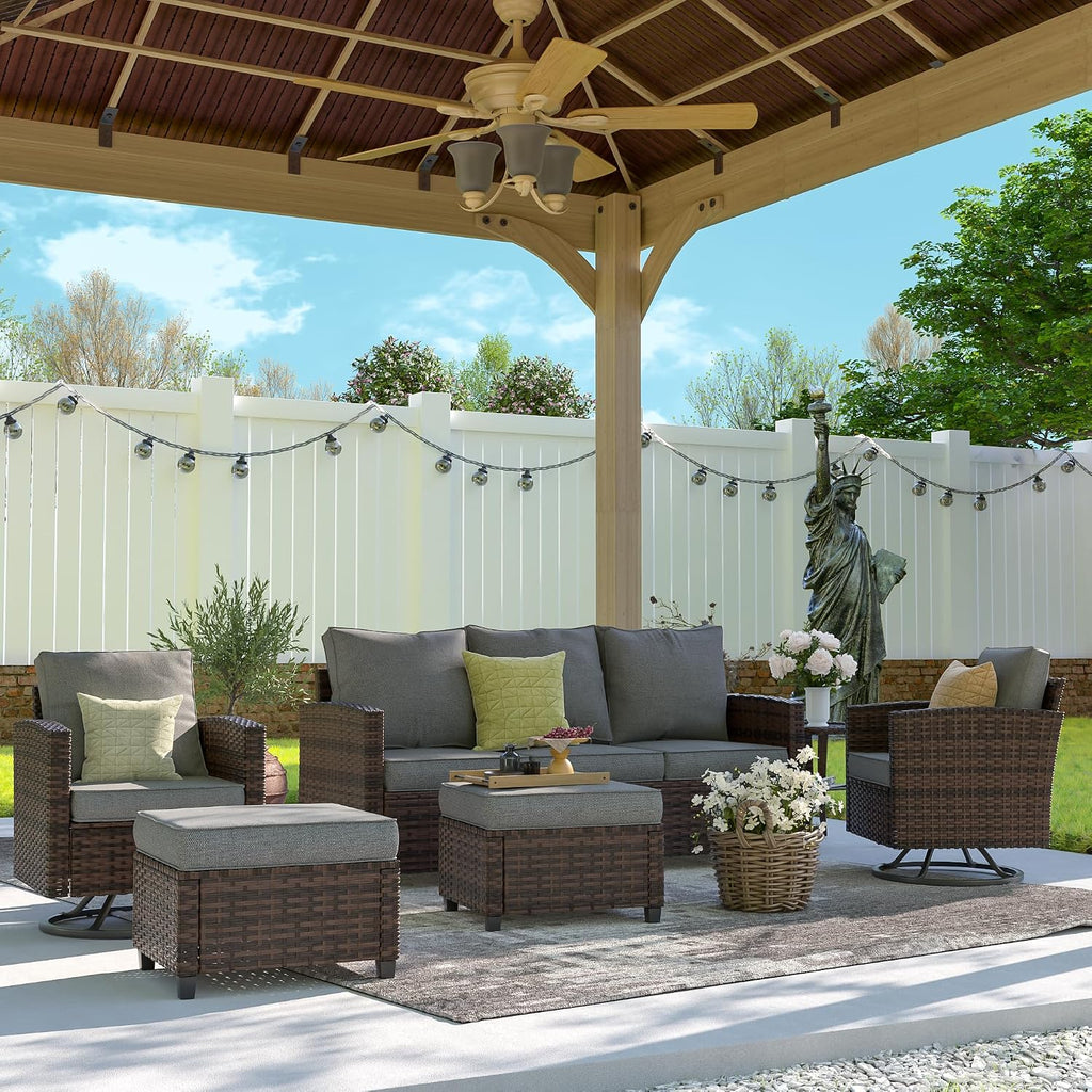UDPATIO Patio Furniture Set, 6 Pieces Outdoor Sectional Couch with Swivel Rocking Chair, Brown Wicker Rattan Conversation Sofa, 4' Thick Cushion for Garden Backyard Deck, Dark Grey