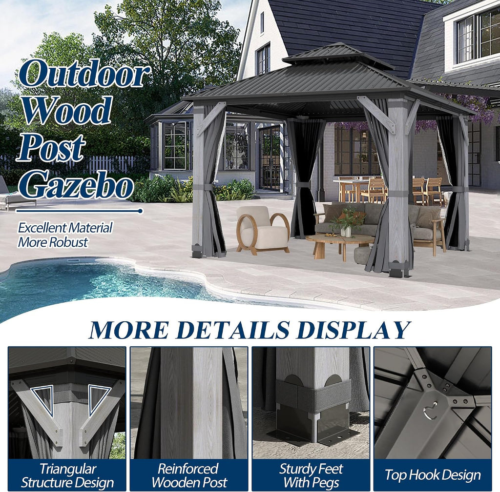 COVERONICS 8.5'x8.5' Outdoor Wood Gazebo - Hardtop Wooden Gazebo with Galvanized Steel Roof, Heavy-Duty Pavilion with Netting & Curtains for Garden, Poolside, Deck, Backyard