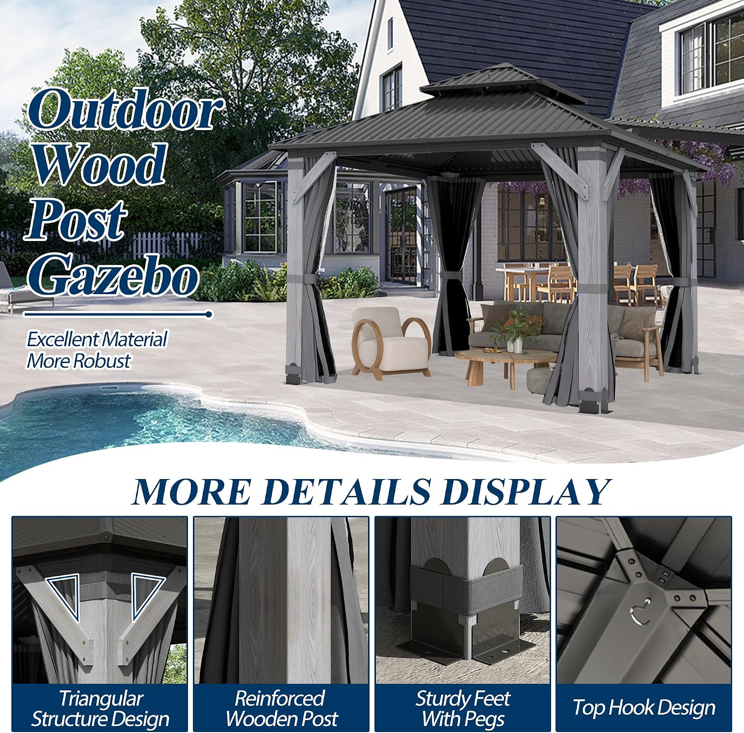COVERONICS 8.5'x8.5' Outdoor Wood Gazebo - Hardtop Wooden Gazebo with Galvanized Steel Roof, Heavy-Duty Pavilion with Netting & Curtains for Garden, Poolside, Deck, Backyard