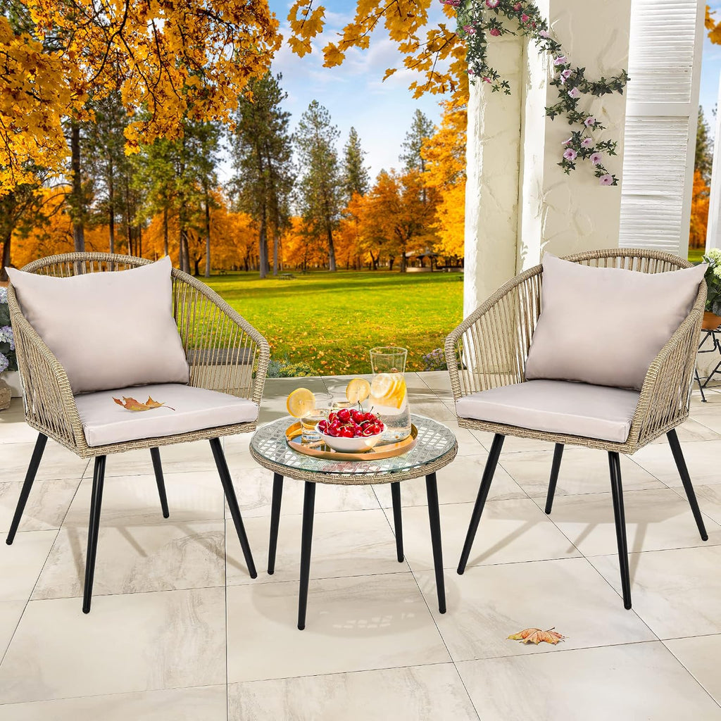YITAHOME 3-Piece Wicker Small Patio Balcony Chair Set, Outdoor Rattan Conversation Apartment Chairs for Backyard, Balcony and Apartment with Soft Cushions, Glass Side Table Gray