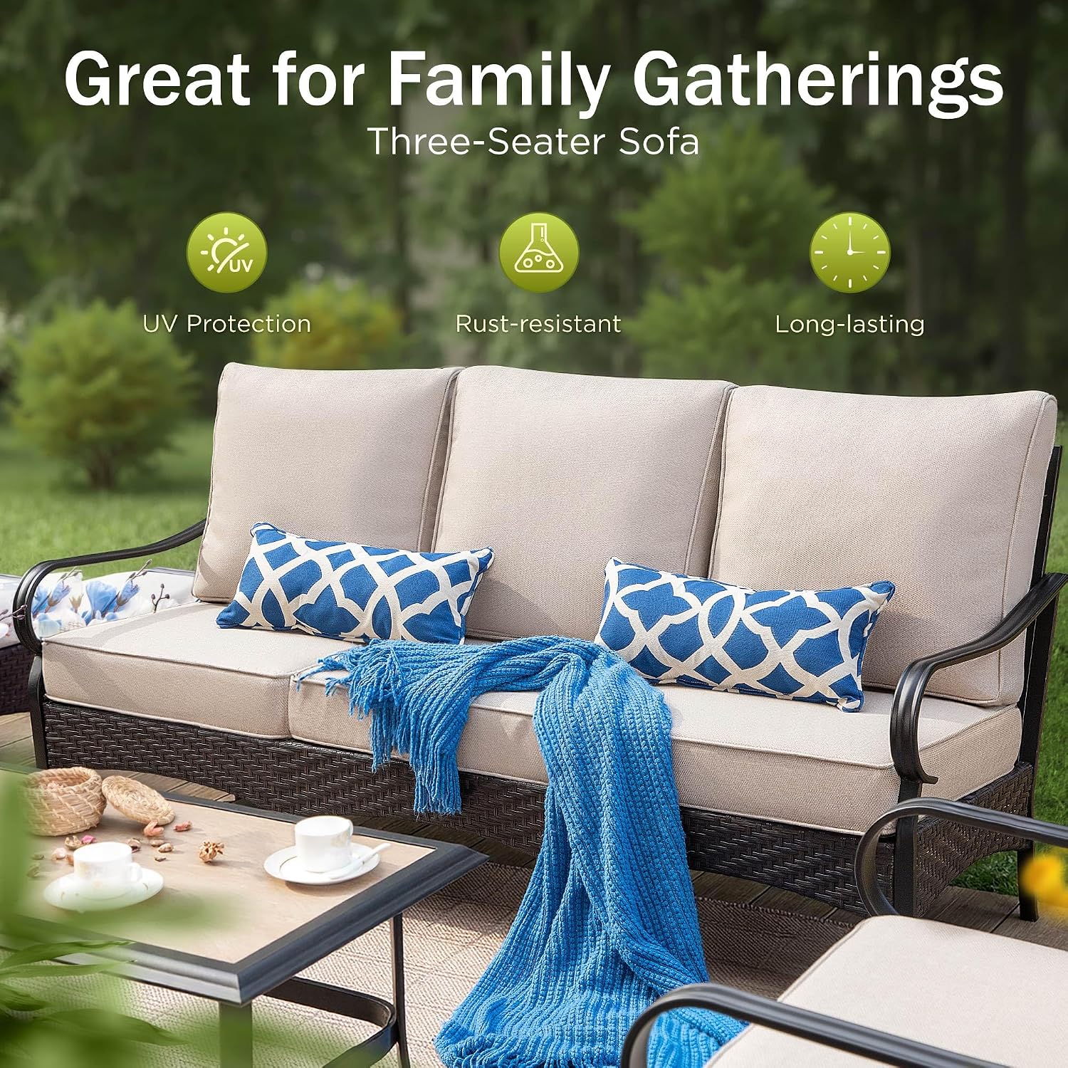 Patio Furniture Set with 56' Fire Pit Table, Premium Outdoor Wicker Metal Frame Furniture with Upgraded Waterproof Thick Cushions for Porch, Poolside, Deck, and Yard （8 Pieces,Beige）