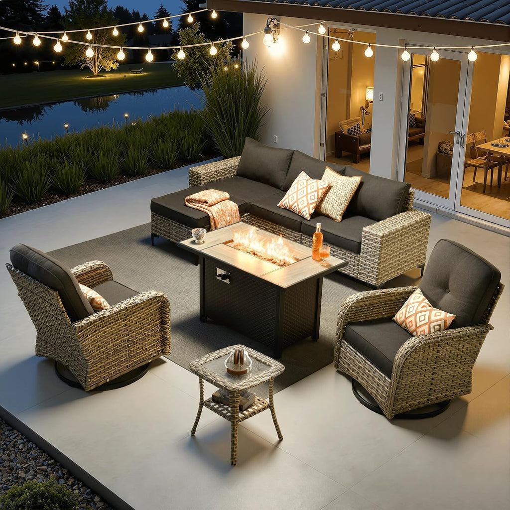 ovios 8-Piece Patio Furniture Set with L-Shape Sofa Chaise, Outdoor Sectional Couch Swivel Gliders Fire Pit Table, Modern Modular Wicker Rattan Conversation Set, Black