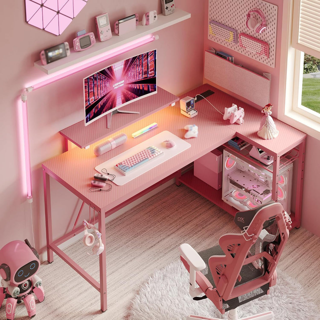 Bestier 52' Gaming Desk with Integrated Power Outlet & USB Ports, L-Shaped Computer Desk with LED Strip & Headphone Hooks, Perfect for Home Office Pink