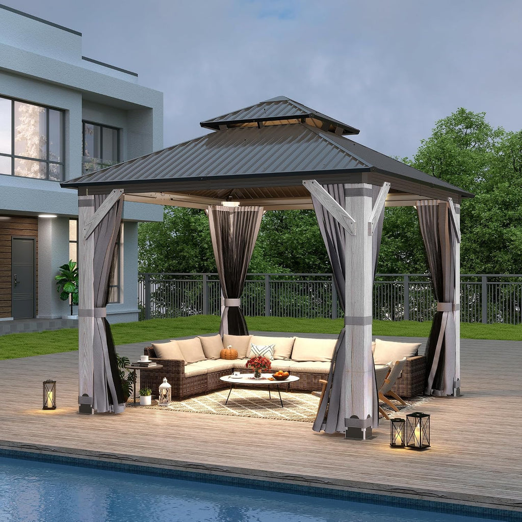 COVERONICS 8.5'x8.5' Outdoor Wood Gazebo - Hardtop Wooden Gazebo with Galvanized Steel Roof, Heavy-Duty Pavilion with Netting & Curtains for Garden, Poolside, Deck, Backyard