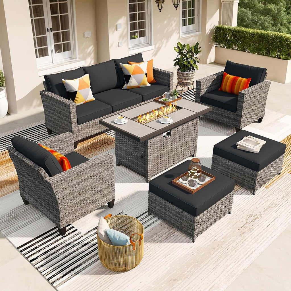 ovios 6 Pieces Patio Furniture Set with 42' Fire Pit Table, Outdoor Wicker Sofa with Comfy Cushions, All Weather High Back Rattan Couch Conversation Set, Black