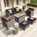 ovios 6 Pieces Patio Furniture Set with 42' Fire Pit Table, Outdoor Wicker Sofa with Comfy Cushions, All Weather High Back Rattan Couch Conversation Set, Black