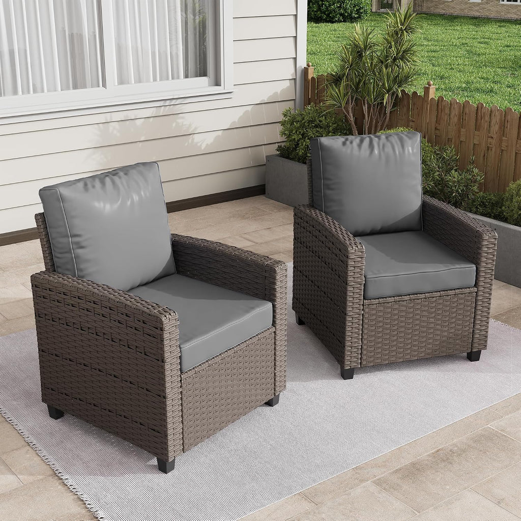 BUPPLEE 2 Pieces Patio Furniture Set, Outdoor Wicker Chairs Set of 2, All Weather High Back Rattan Chairs, Seating Club Chair Porch Chairs Set with Cushions for Balcony Porch Deck, Gray