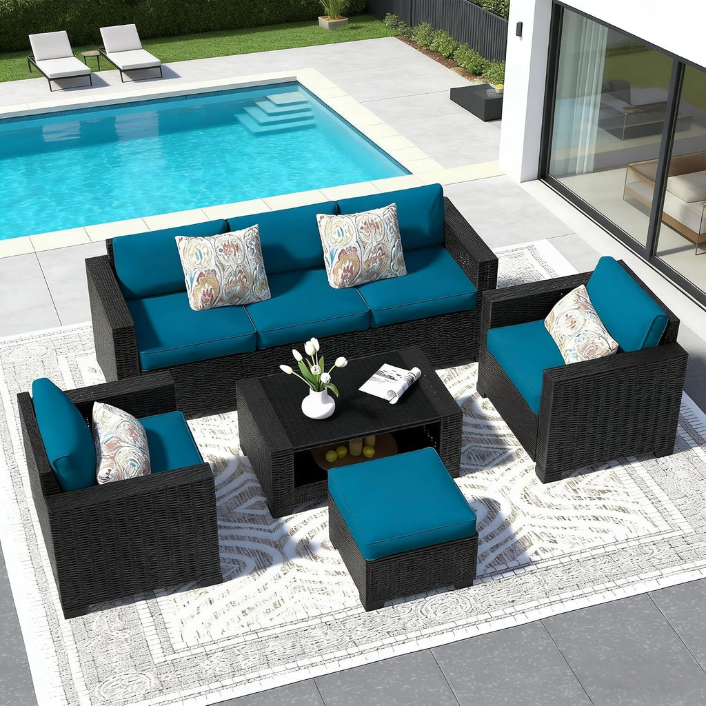 SHGJ&SOFT 7 Piece Patio Furniture Set, Wicker Outdoor Sectional Sofa with Washable Cushion Covers and Tempered Glass Table, Rattan Conversation Set for Poolside