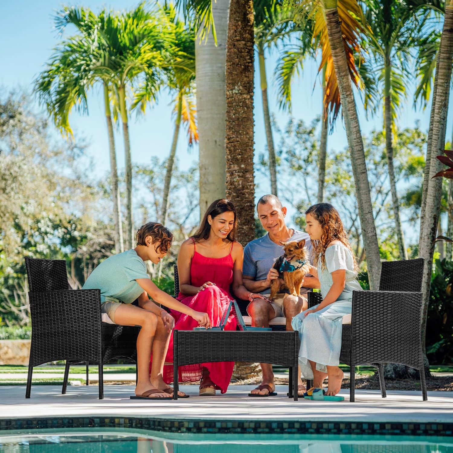 Nestl Wicker Patio Furniture - 4 Piece Outdoor Set with 2 Chairs, Loveseat, Glass Top Coffee Table, Perfect for Backyard, Pool or Front Porch (Black/Beige)