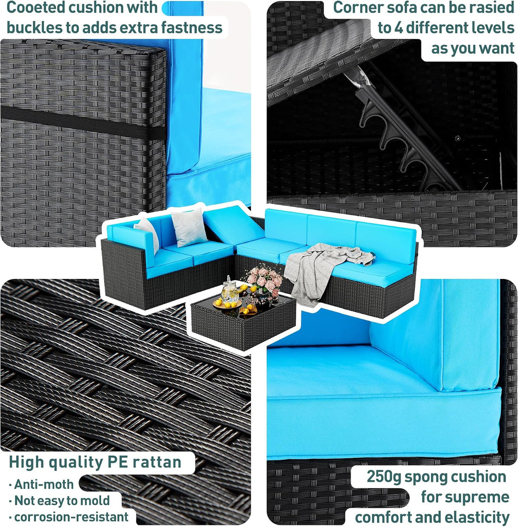 Pamapic Patio Furniture Set, 7 Pieces Modular Outdoor Sectional, Patio Sectional Sofa Conversation Set, Rattan Sofa with Coffee Table and Washable Cushions Covers, Black Rattan and Blue Cushions