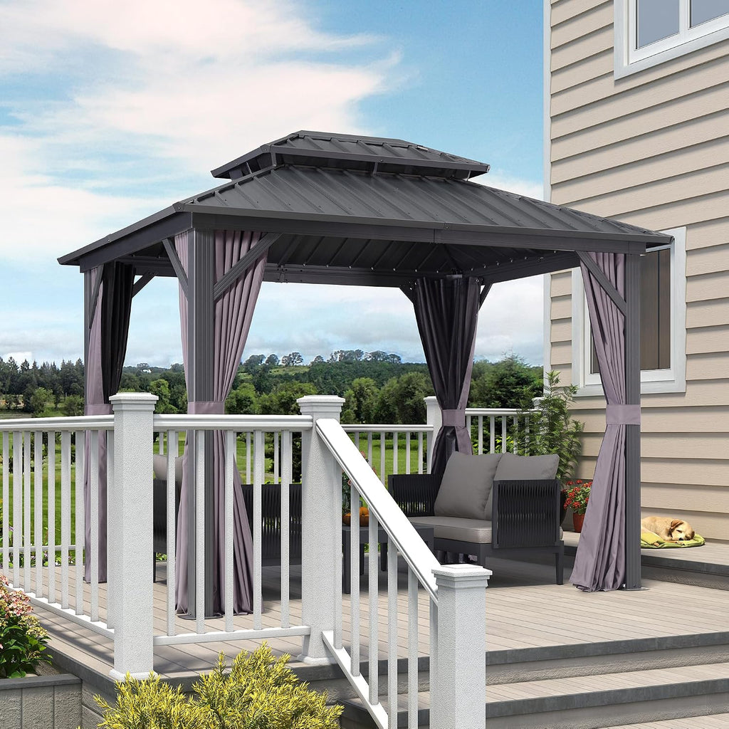 PURPLE LEAF 8' X 10' Permanent Hardtop Gazebo with Galvanized Steel Double Roof for Patio Lawn Garden Aluminum Gazebo with Netting and Curtains Grey
