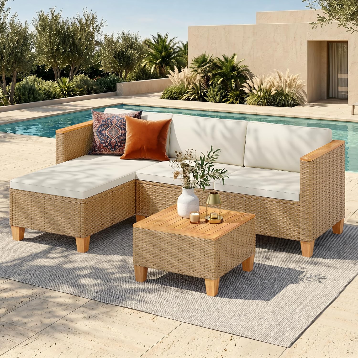 HERA'S HOUSE Small Patio Furniture Set, 3 Pieces Wicker Outdoor Sectional Sets,Yellow Rattan Conversation Set with Sofa and Coffee Table for Garden and Backyard, l Shape Boho Balcony Couch Sets