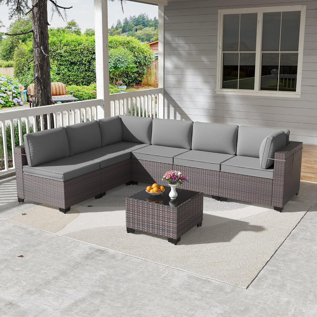 Kullavik 7 Pieces Outdoor Patio Furniture Set,Wicker Outdoor Sectional Sofa,All-Weather Patio Conversation Sets with Washable Thick Cushions & Coffee Table for Garden,Backyard,Balcony,Porch,Grey