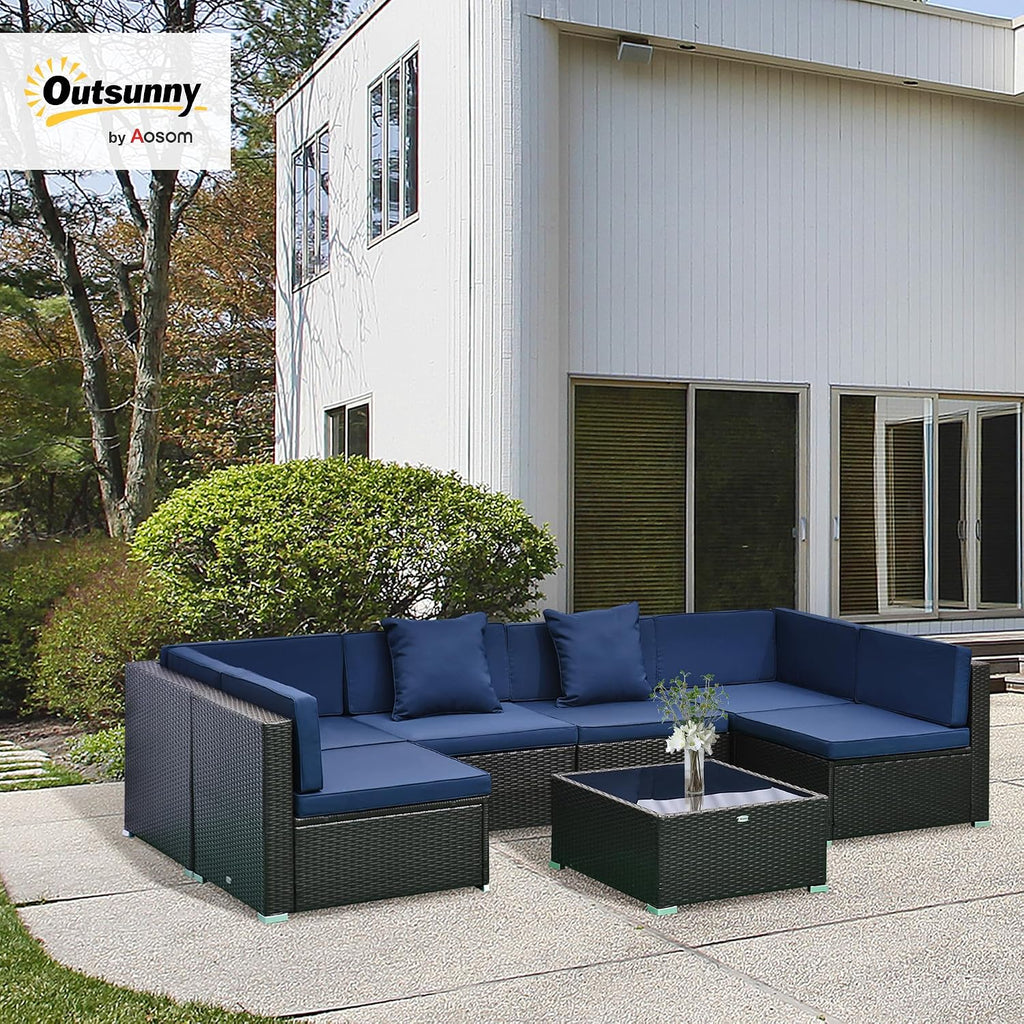 Outsunny 7-Piece Patio Furniture Sets Outdoor Wicker Conversation Sets All Weather PE Rattan Sectional Sofa Set with Cushions & Tempered Glass Desktop, Dark Blue
