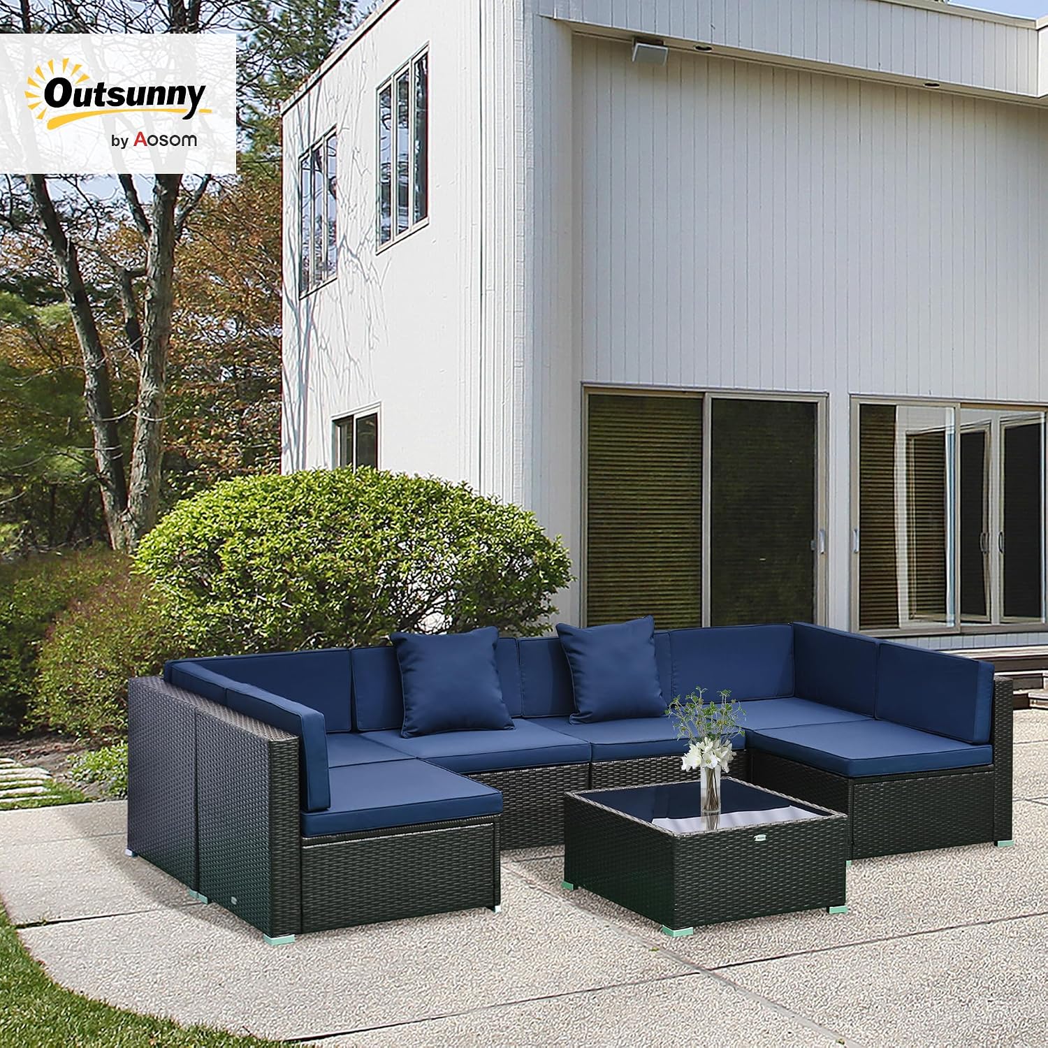 Outsunny 7-Piece Patio Furniture Sets Outdoor Wicker Conversation Sets All Weather PE Rattan Sectional Sofa Set with Cushions & Tempered Glass Desktop, Dark Blue