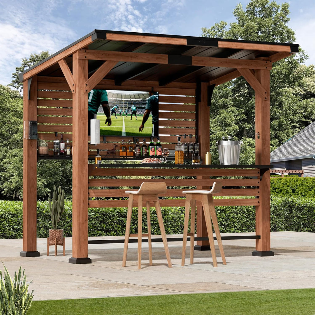 Modern Shade The Aura Cedar Wood Entertainment Bar Center, Wood Gazebo Grill Pavilion with Shelves & Paper Towel Holder, Grill Gazebo with Hardtop Steel Roof,TV Mount, Power Strip for Patio, Garden