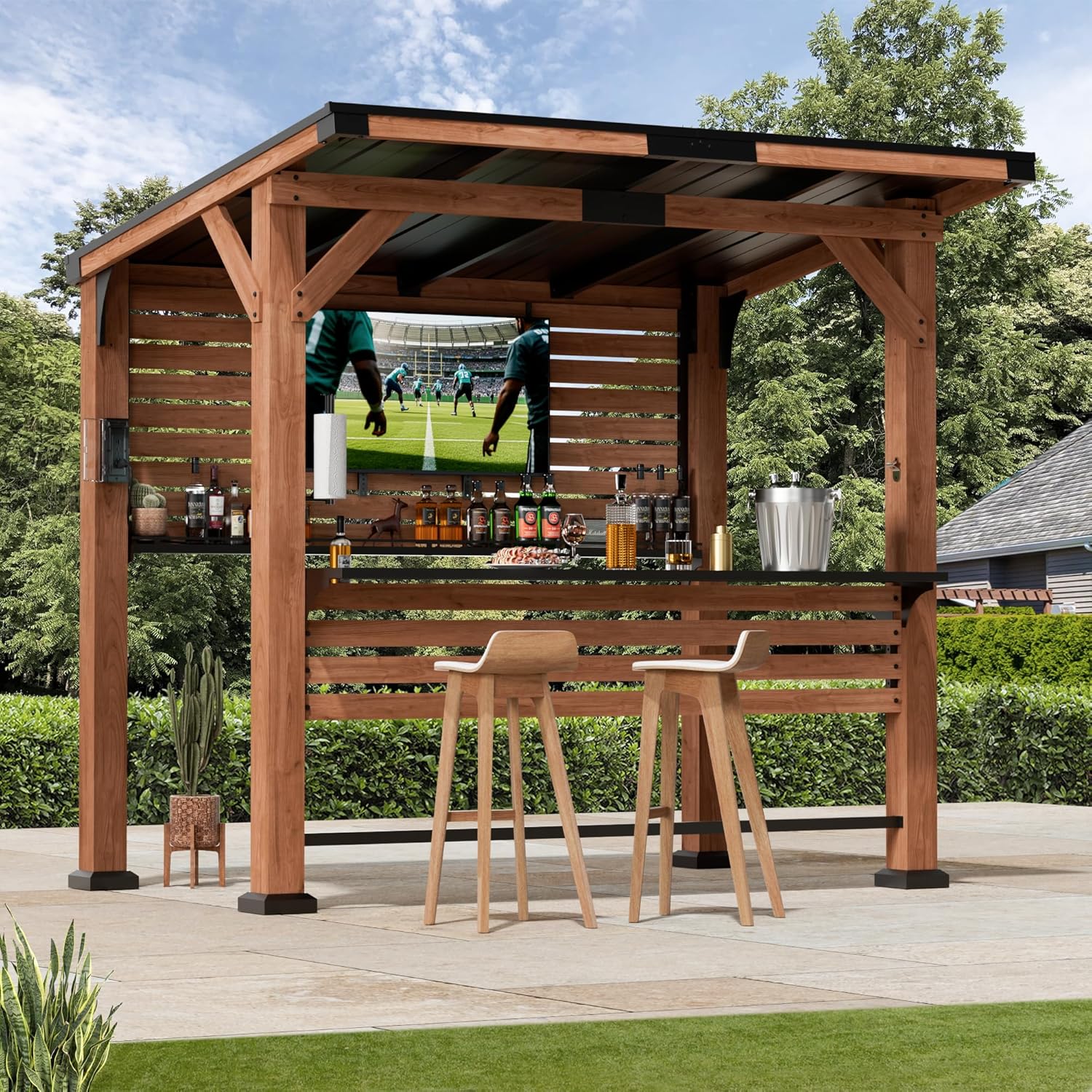 Modern Shade The Aura Cedar Wood Entertainment Bar Center, Wood Gazebo Grill Pavilion with Shelves & Paper Towel Holder, Grill Gazebo with Hardtop Steel Roof,TV Mount, Power Strip for Patio, Garden