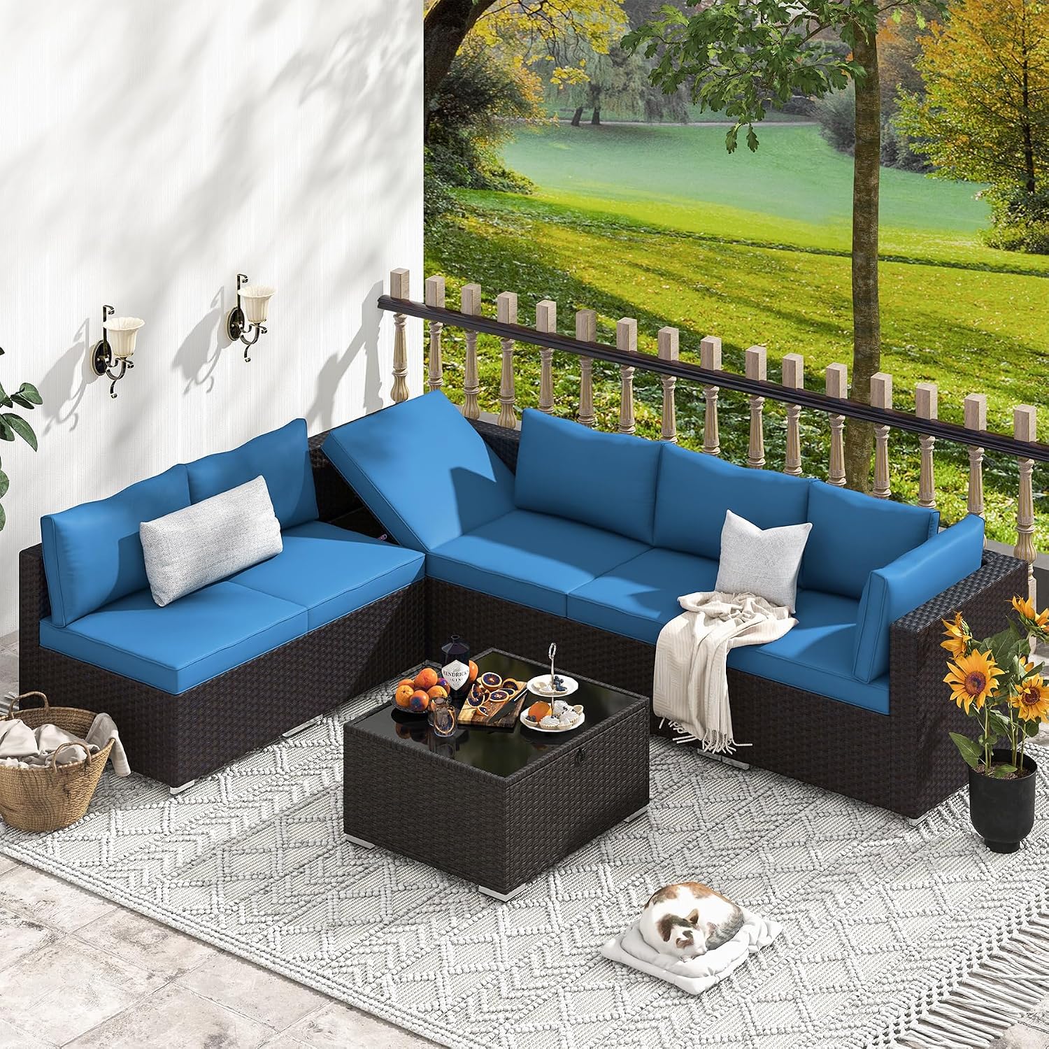 HOMREST 7 Piece Patio Furniture Set with Adjustable Bracket All-Weather Wicker Conversation Set with Coffee Table for Porch Garden Backyard (Blue)