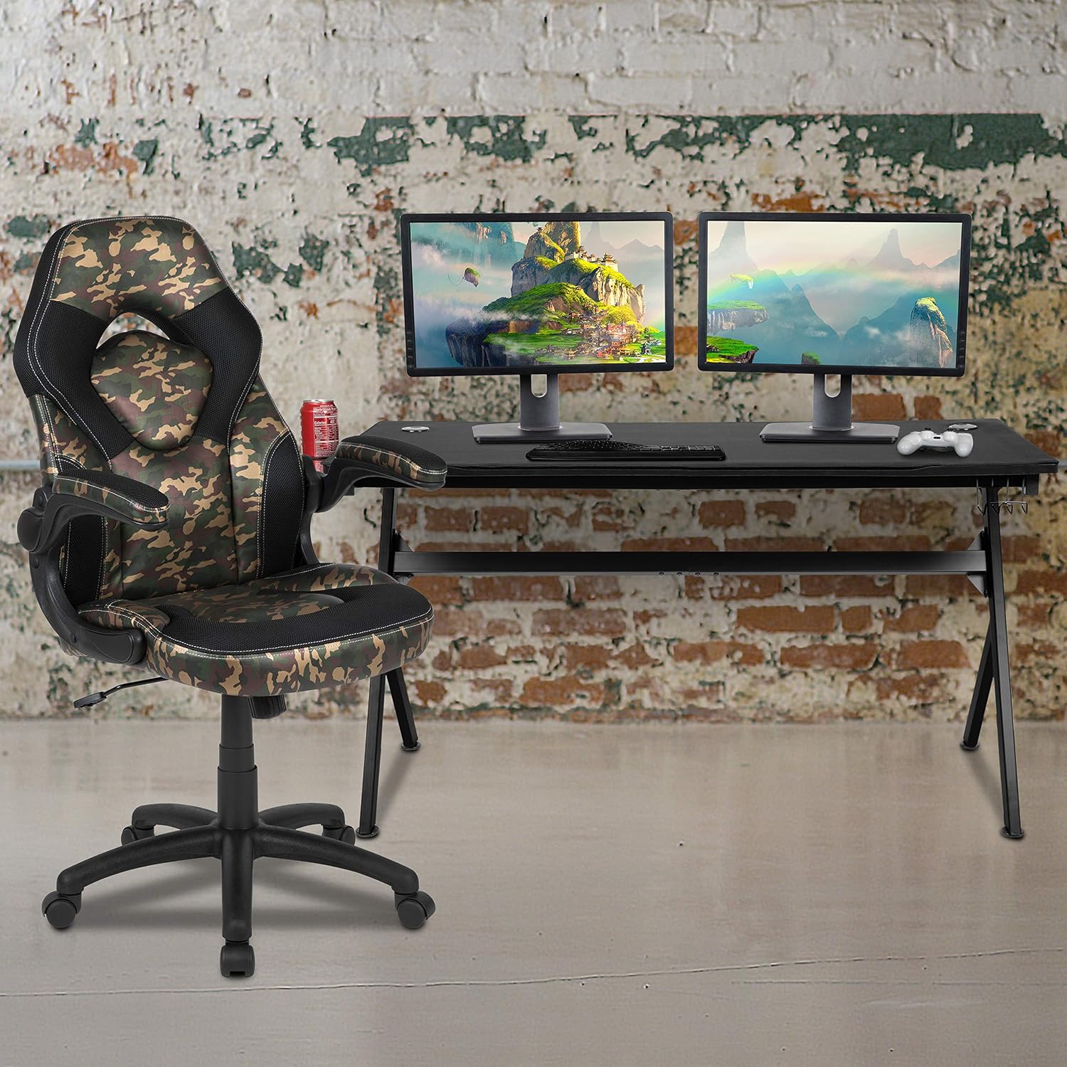 Flash Furniture Gaming Desk and Camouflage/Black Racing Chair Set /Cup Holder/Headphone Hook/Removable Mouse Pad Top - 2 Wire Management Holes