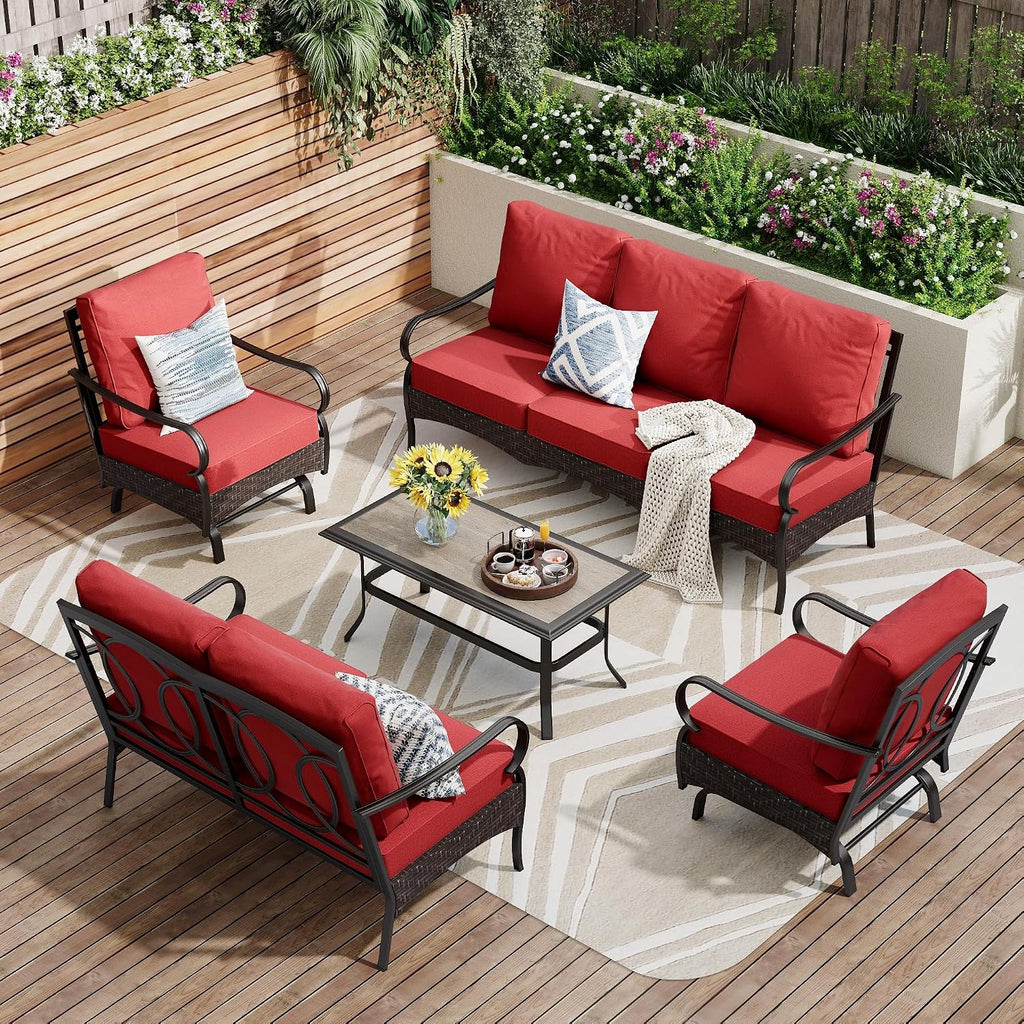 PHI VILLA Outdoor Modern Patio Furniture Set, Upgraded Wicker & Metal Patio Conversation Set with Waterproof Thick Cushions for Porch, Poolside, Yard(5 Pieces,Red)