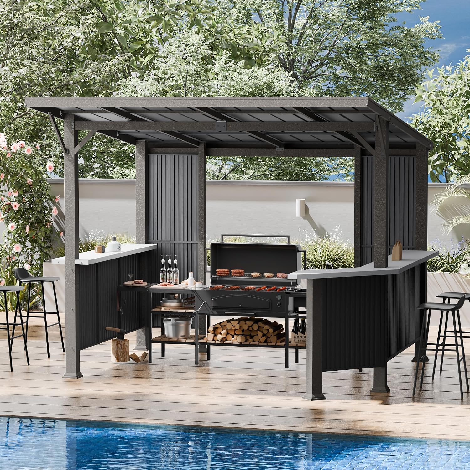 10X10 FT Hardtop BBQ Gazebo, Outdoor Pergola with Multi Shelves, Hardtop Aluminum Grill Gazebo for BBQ with Independent Countertop, Suitable for Patio Backyard