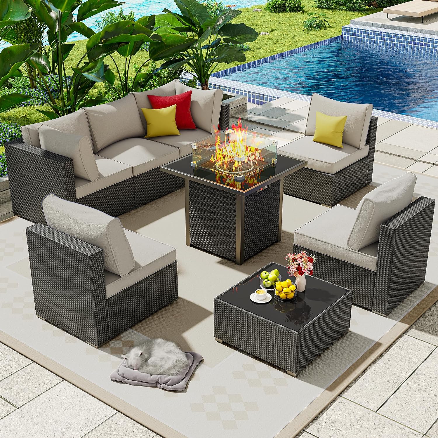 Outdoor Patio Furniture Set with 28'' Fire Pit Table, 8 Pcs Outdoor Patio Furniture Conversation Sets with 4in Thicken Cushion, Wicker Outdoor Sectional for Backyard, Garden, Balcony,Deck,Coffee/Beige