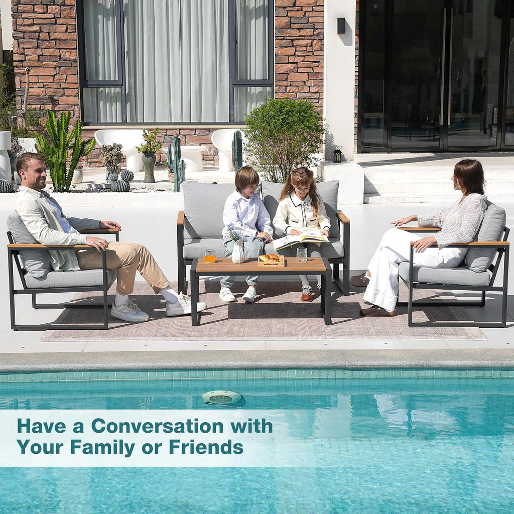 Patio Furniture Set, 4 Pieces Outdoor Patio Furniture with Coffee Table Set, Metal Patio Conversation Sets with Washable and High-Resiliency Sponge Cushions, Upgarded Light Grey