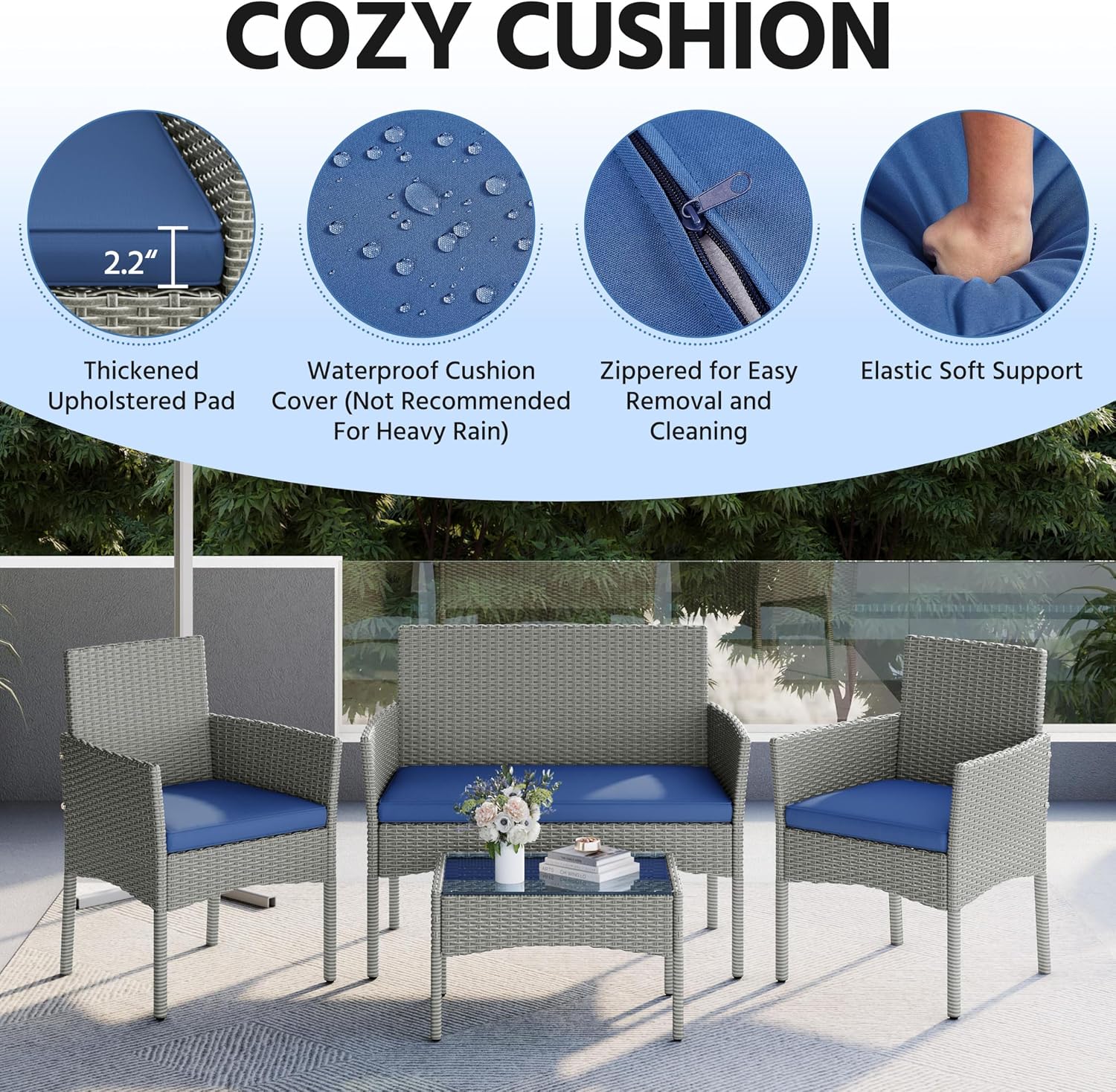 Yaheetech Patio Furniture Set 4 Pieces Conversation Sets, Rattan Chair Wicker Set Loveseat with Soft Cushion and Glass Table for Backyard Porch Garden Poolside Balcony, Gray and Dark Blue