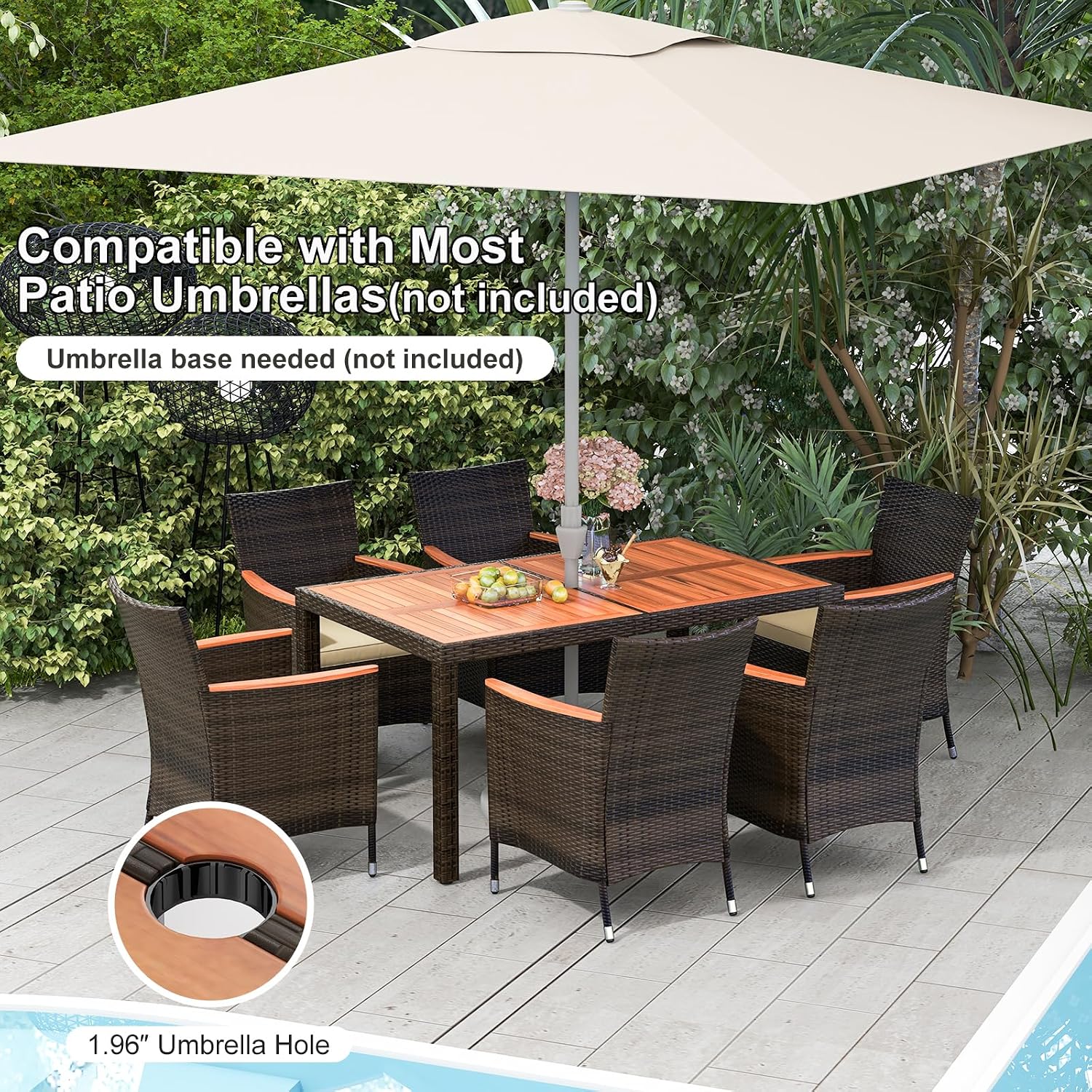 COSTWAY 7-Piece Patio Dining Set for 6, Outdoor Rattan Wicker Table and Chairs Furniture Set with Umbrella Hole, Acacia Wood Tabletop for Backyard, Balcony, Poolside, Brown & Beige