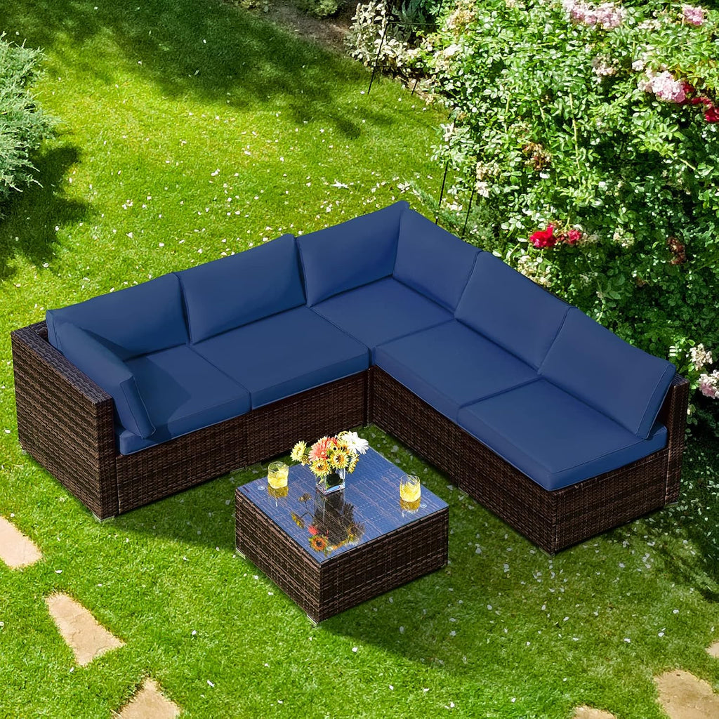 COSTWAY 6-Piece Outdoor Patio Furniture Set, Rattan Sectional Sofa Set with Tempered Glass Coffee Table and Cushions for Garden, Deck, Backyard (Navy)