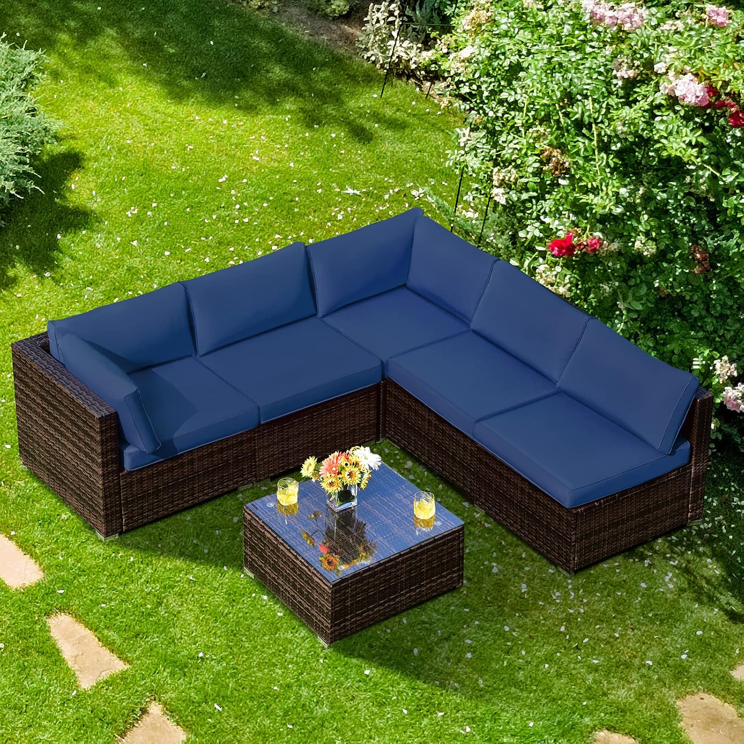 COSTWAY 6-Piece Outdoor Patio Furniture Set, Rattan Sectional Sofa Set with Tempered Glass Coffee Table and Cushions for Garden, Deck, Backyard (Navy)