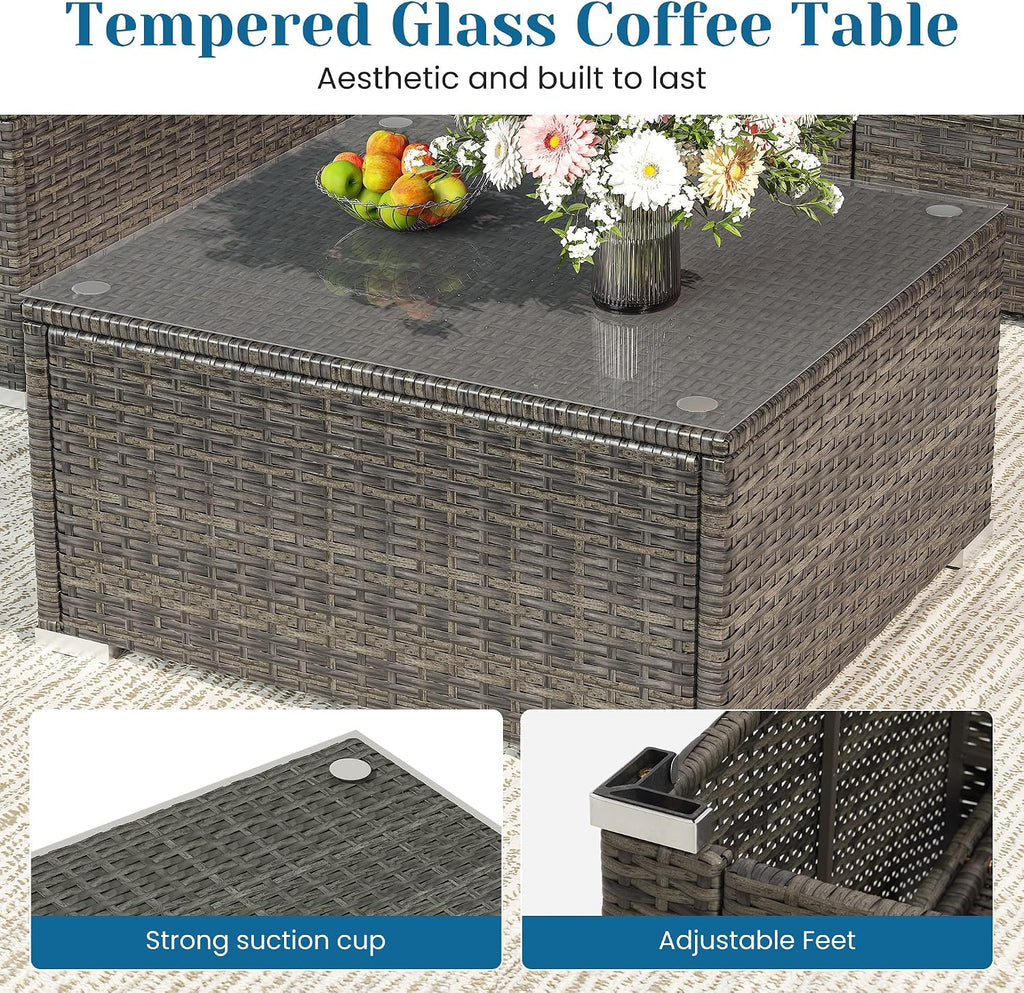 Green4ever 5-Piece Outdoor Patio Furniture Set, All-Weather Wicker Rattan Sectional Sofa with Cushions and Glass Coffee Table, Patio Conversation Set for Backyard, Porch, Garden, Balcony, Grey