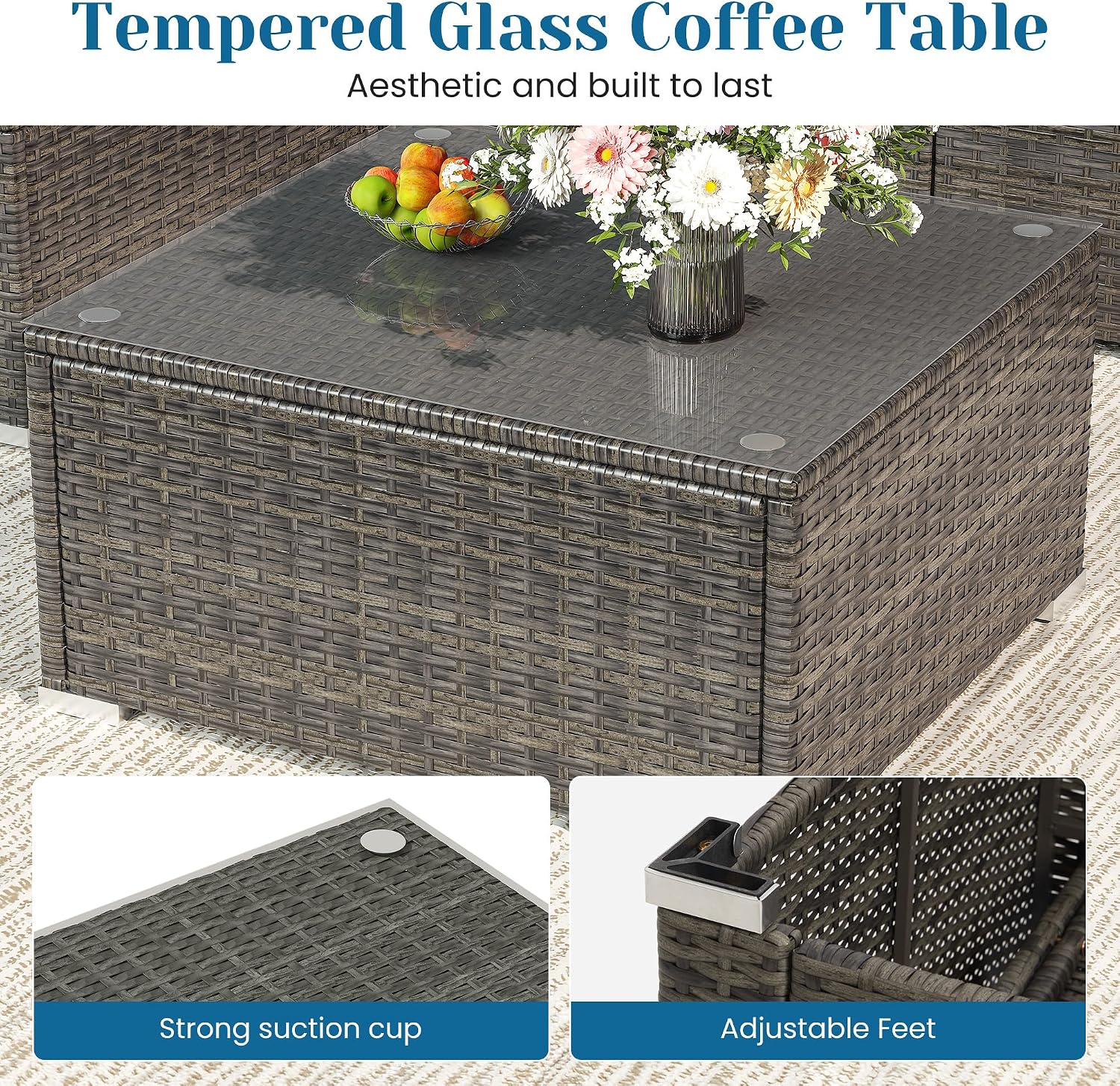 Green4ever 5-Piece Outdoor Patio Furniture Set, All-Weather Wicker Rattan Sectional Sofa with Cushions and Glass Coffee Table, Patio Conversation Set for Backyard, Porch, Garden, Balcony, Grey