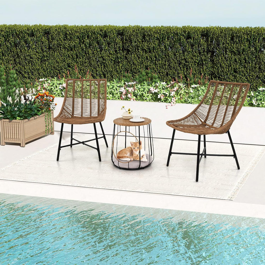 Tangkula 3 Pieces Outdoor Furniture Set with Pet House, Heavy Duty Metal Frame Patio Armless Chairs with Coffee Table, for Patio, Yard, Poolside, Garden (Light Brown)