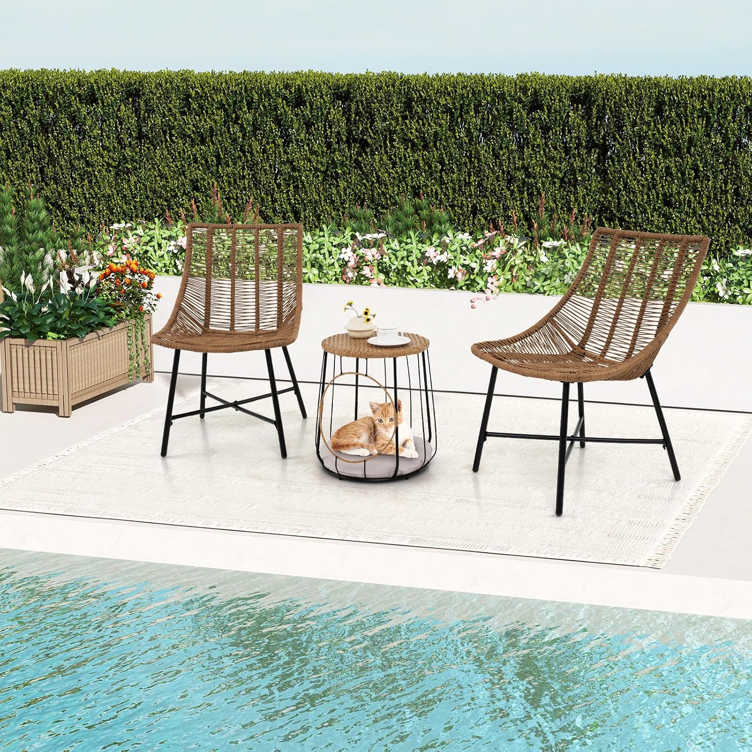 Tangkula 3 Pieces Outdoor Furniture Set with Pet House, Heavy Duty Metal Frame Patio Armless Chairs with Coffee Table, for Patio, Yard, Poolside, Garden (Light Brown)