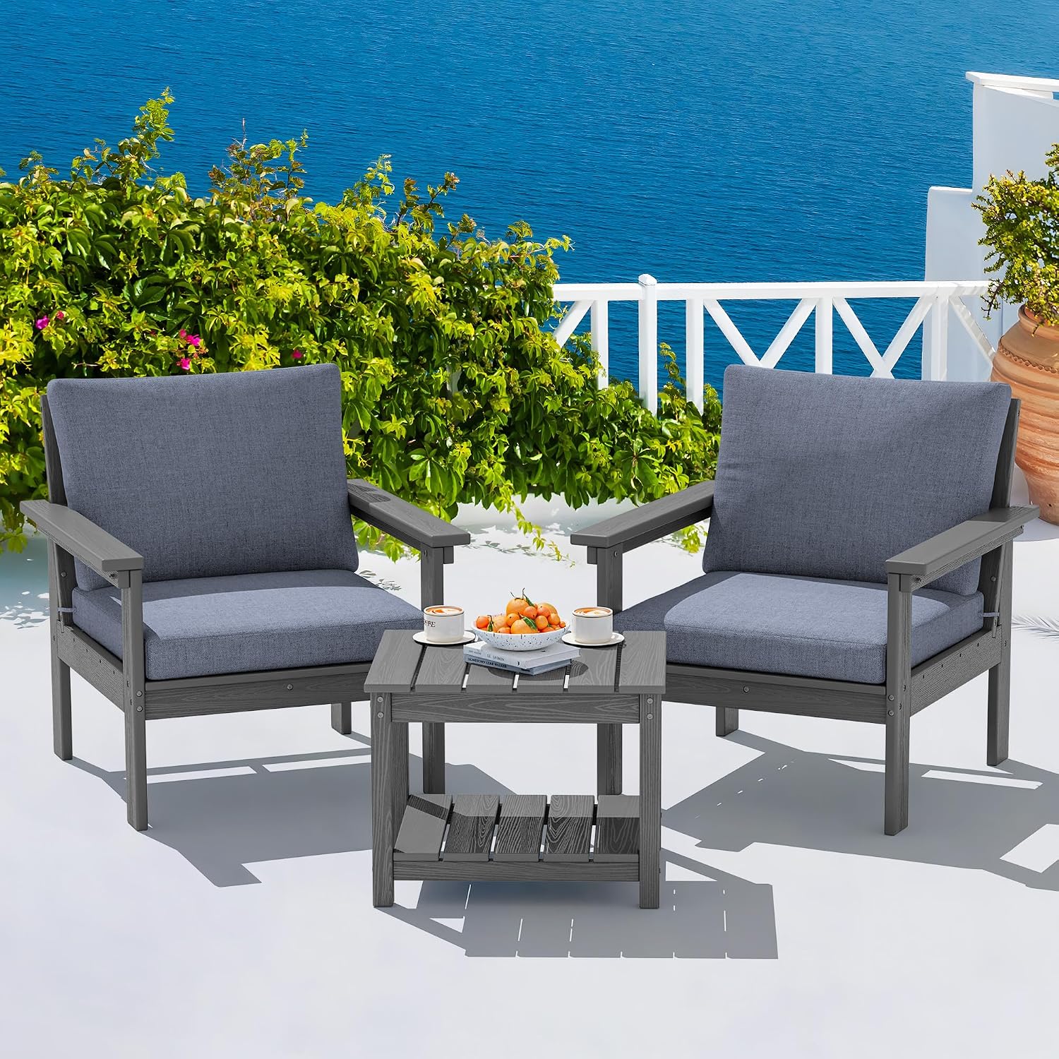 SERWALL HDPE Patio Sofa Set, 3-piece Sectional Outdoor Furniture Set, All Weather Outdoor Couch Set Patio Furniture Set for Deck, Lawn, Grey Frame with Grey Cushion