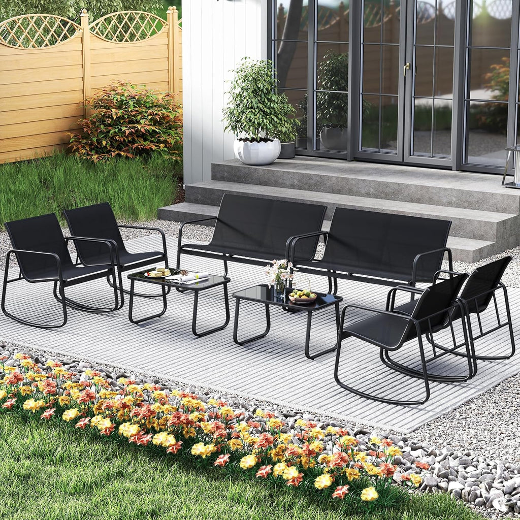 Tangkula 4 Piece Patio Furniture Set, Outdoor Rocking Bistro Set with 2 Rocking Chairs, Loveseat & Tempered Glass Coffee Table, Porch Rocker Chair Conversation Set for Balcony Poolside Garden