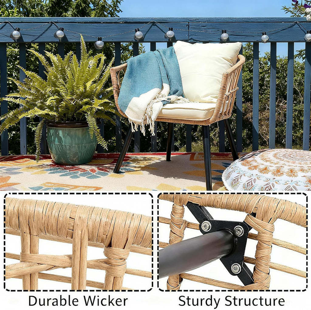 PORWEY 3 Piece Patio Bistro Set, Outdoor Wicker Furniture with Comfortable Cushions, Glass Top Table & 2 Rattan Chairs for Balcony, Apartment, Backyard, Porch, Deck, Beige