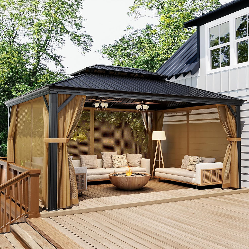 COSIEST 12X16 FT Hardtop Gazebo Rustproof Double Roof Metal Gazebo with Steel Columns & Netting Curtains Poolside,Deck,BBQ Area (Dark Gray)