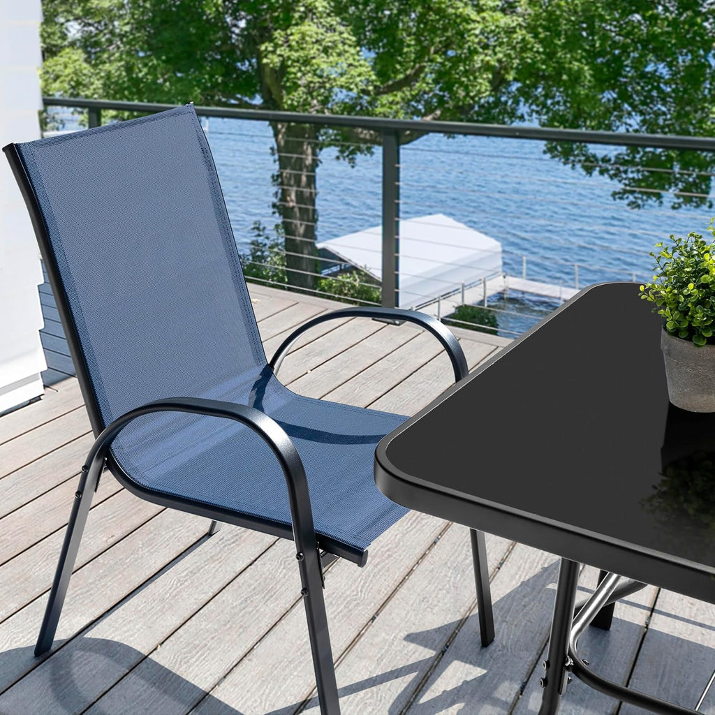 NUU GARDEN 5 Piece Patio Dining Set, 31.5 Inch Square Metal Table with Umbrella Hole and 4 Stackable Chairs, Outdoor Dining Furniture for Lawn Balcony Garden, Black and Blue