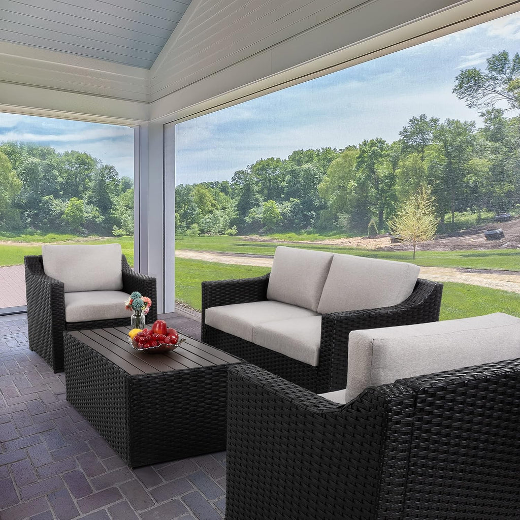 HAPPATIO Patio Conversation Set for 4, Modern Outdoor Sectional Sofa, PE Rattan Wicker (Brown/Grey)