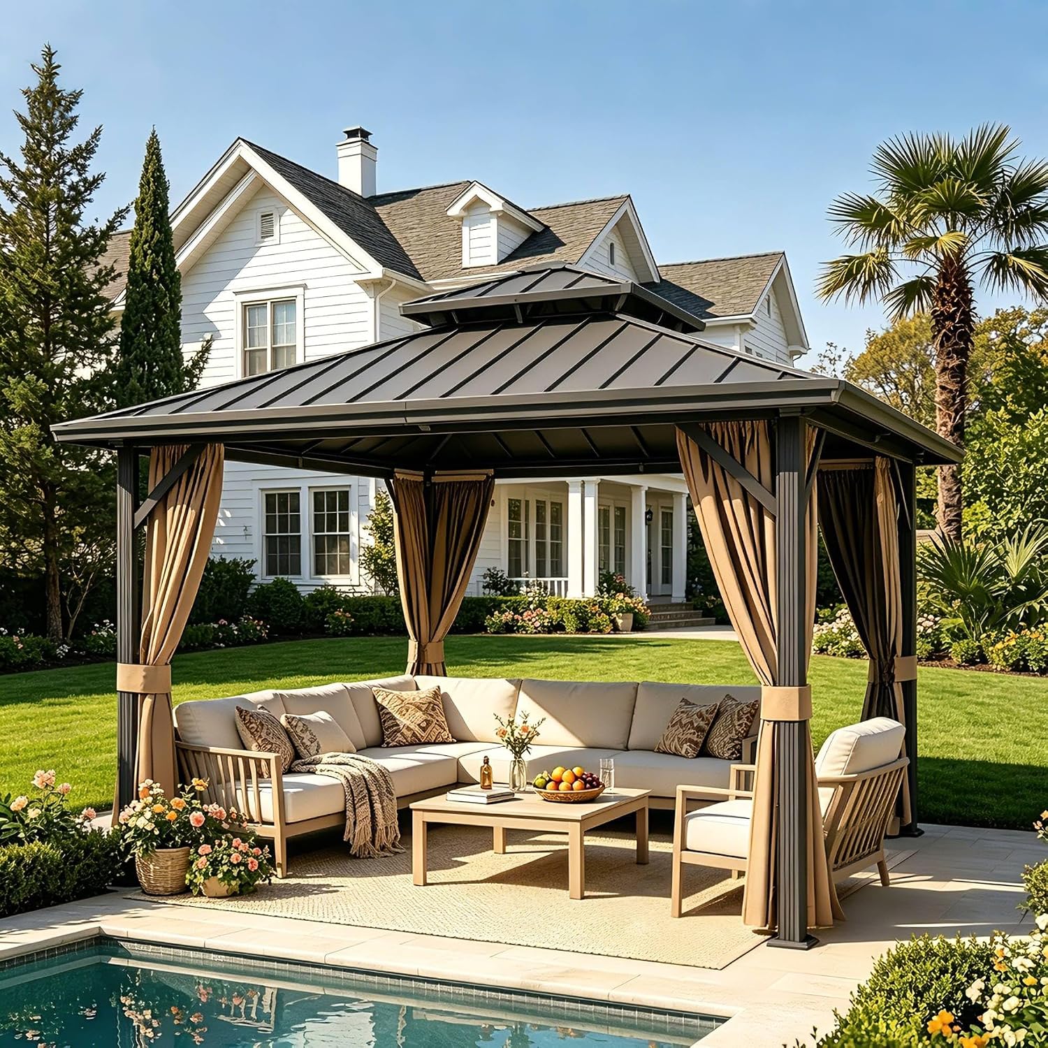 10'x10' Hardtop Gazebo Outdoor Aluminum Patio Gazebo Double Roof Galvanized Steel Canopy with Netting and Curtains,for Garden, Backyard,Deck and Lawns