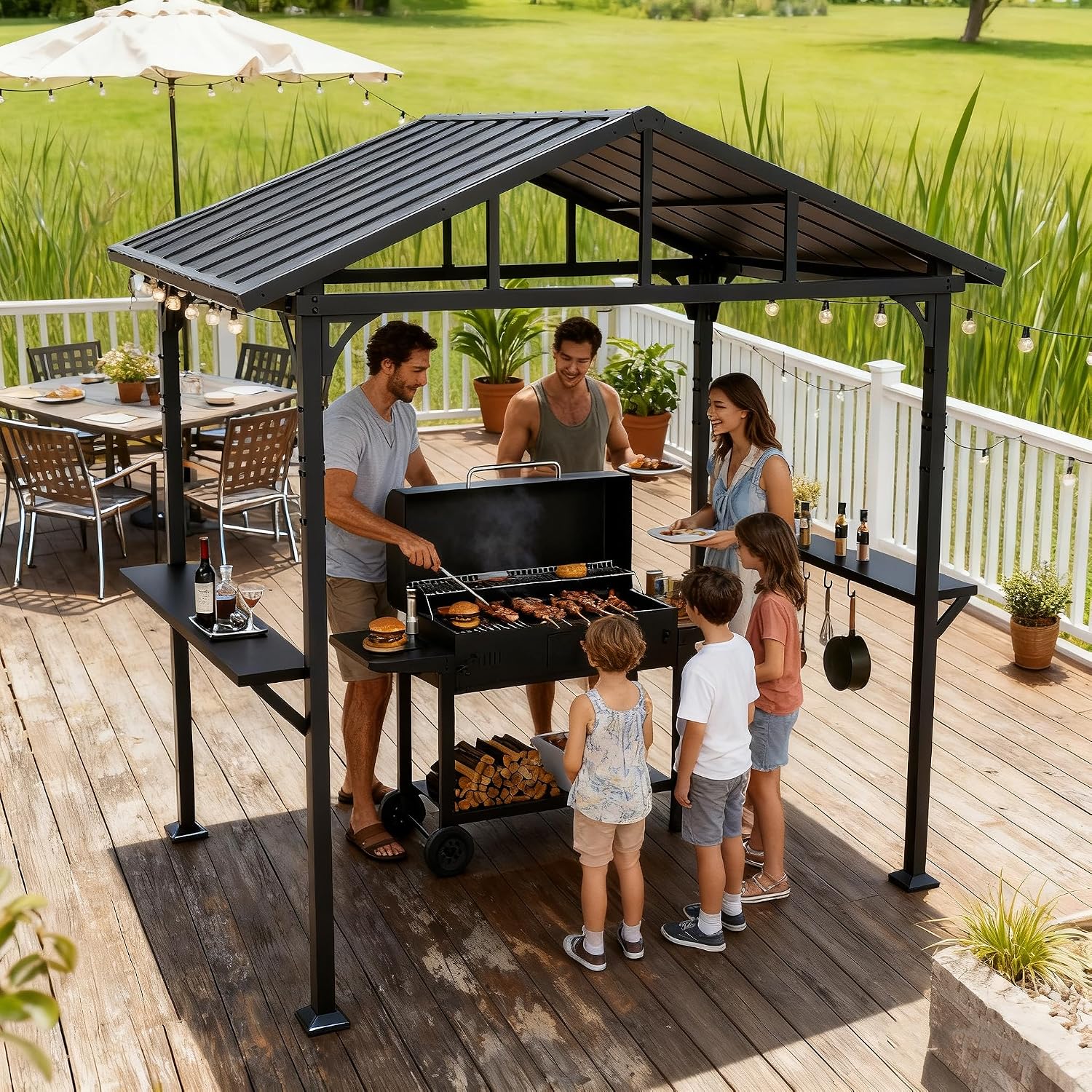 Gotland 8' x 5' Grill Gazebo, Outdoor Metal BBQ Gazebo with Triangular Structure Roof & Drainage Holes, Grill Canopy with 2 Side Shelves, for Deck Lawn Backyard