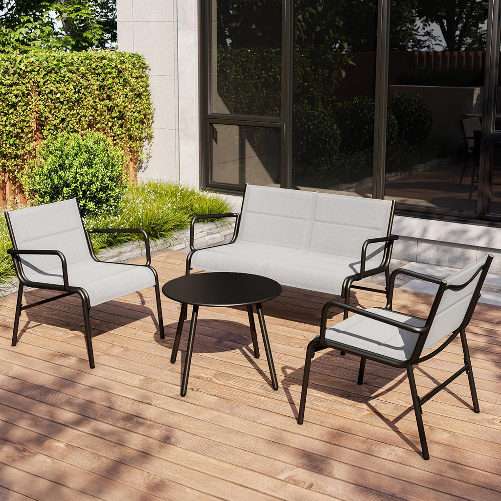East Oak 4 Seats Outdoor Furniture Set, Waterproof Patio Furniture Set, Patio Loveseat with Coffee Table for Porch or Garden, 4-Piece Patio Conversation Sets for Balcony, Upgrade Grey