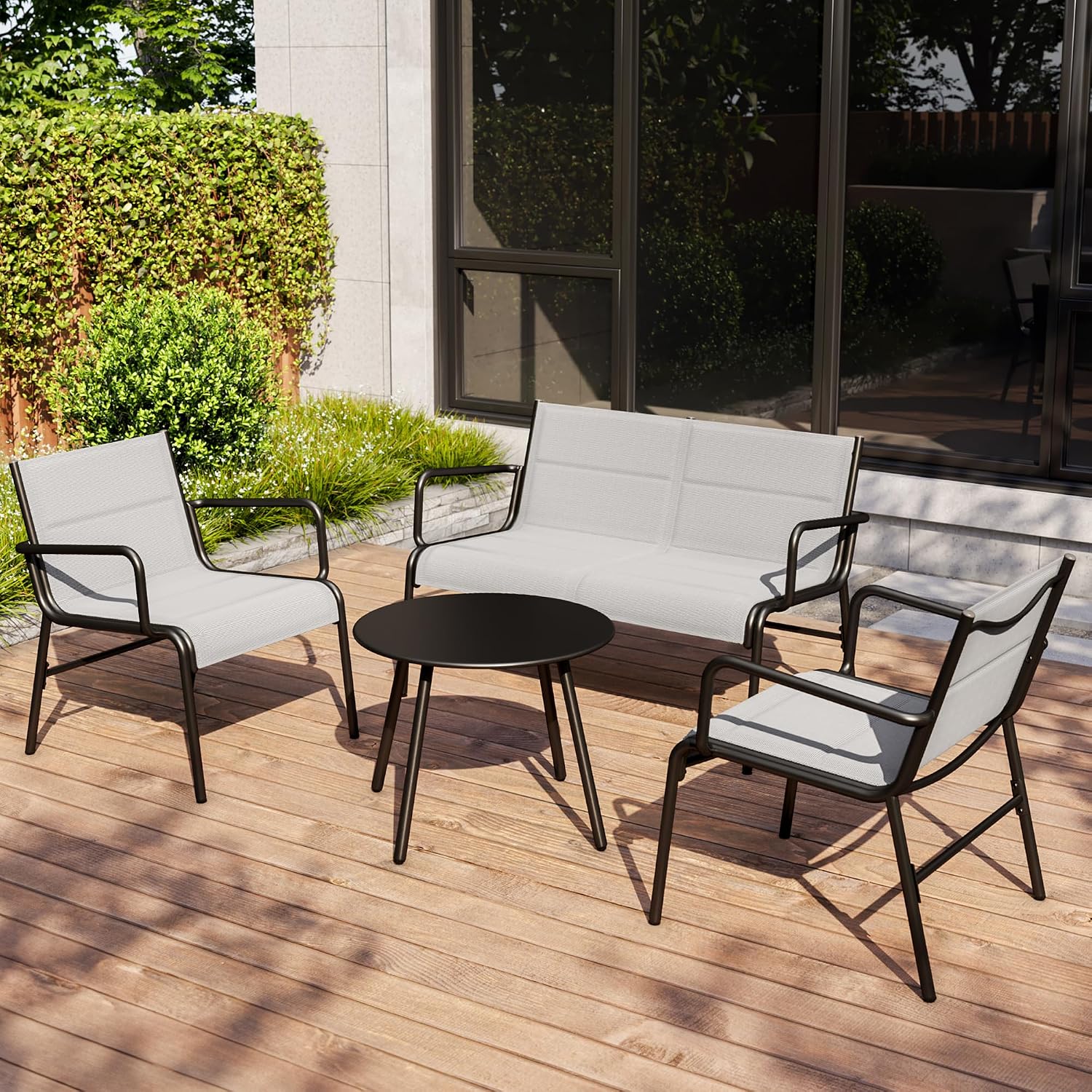 East Oak 4 Seats Outdoor Furniture Set, Waterproof Patio Furniture Set, Patio Loveseat with Coffee Table for Porch or Garden, 4-Piece Patio Conversation Sets for Balcony, Upgrade Grey