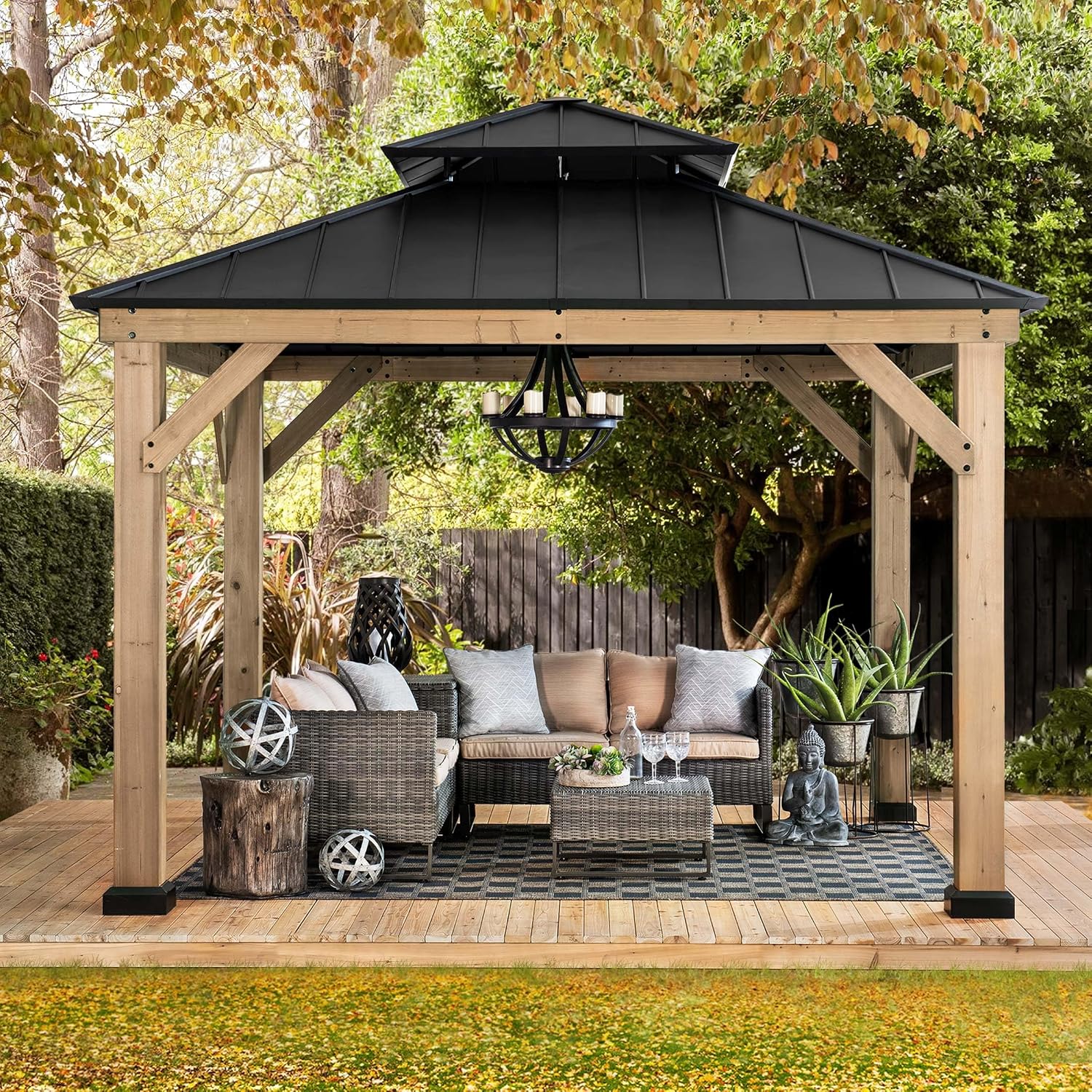 Sunjoy 11 x 11 ft. Wood Gazebo Upgrade Cedar Framed Gazebos with Black Double Steel Hardtop Roof for Garden, Backyard Shade, Matte Black Roof + Natural Wood Frame