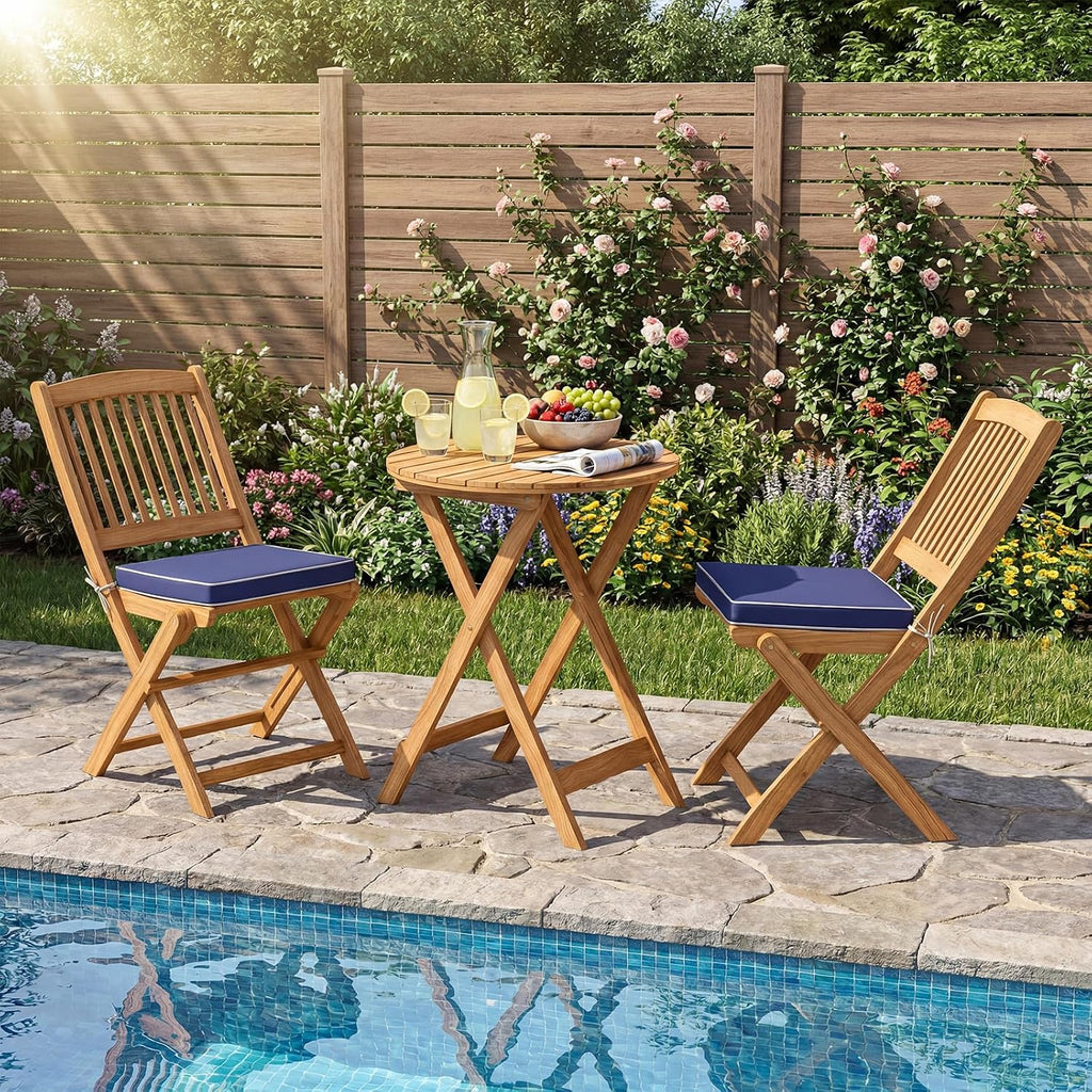 Giantex 3Pcs Patio Bistro Set, Wood Folding Table Set, 2 Cushioned Chairs for Garden Yard, Outdoor Furniture Round Table (Natural & Navy Blue)