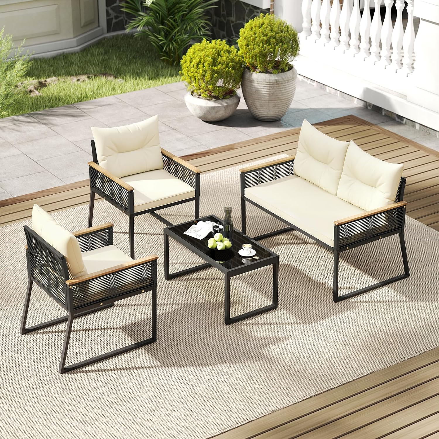 Tangkula 4 Pieces Patio Wicker Furniture Set, Heavy Duty Outdoor Cushioned Conversation Set with Tempered Glass Coffee Table, for Garden, Yard and Poolside (Off White,2)
