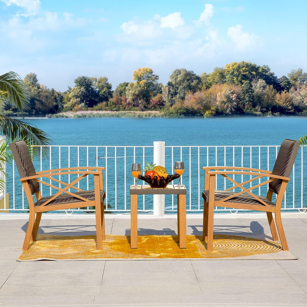Domi Patio Bistro Set 3 Pieces with Wood Grain Aluminum Wicker Padded Porch Chairs,Coffee Table,Outdoor Conversation Set with Beige Waterproof Pillows